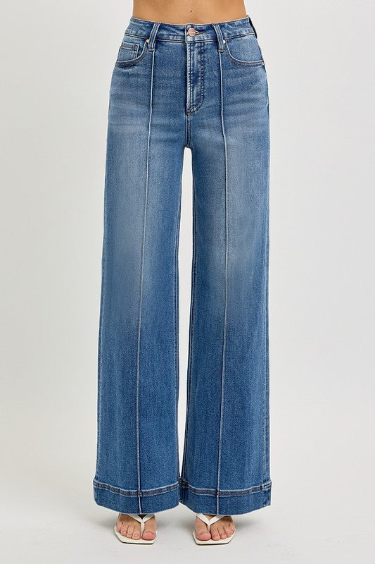 Denim High Rise Front Pintuck Wide Leg Jeans