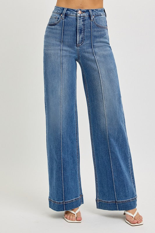 Denim High Rise Front Pintuck Wide Leg Jeans