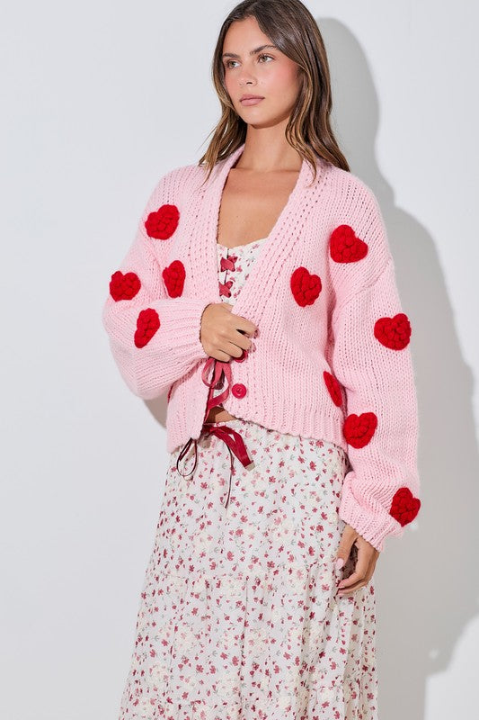 Bubble Heart Button Knit Cardigan Sweater