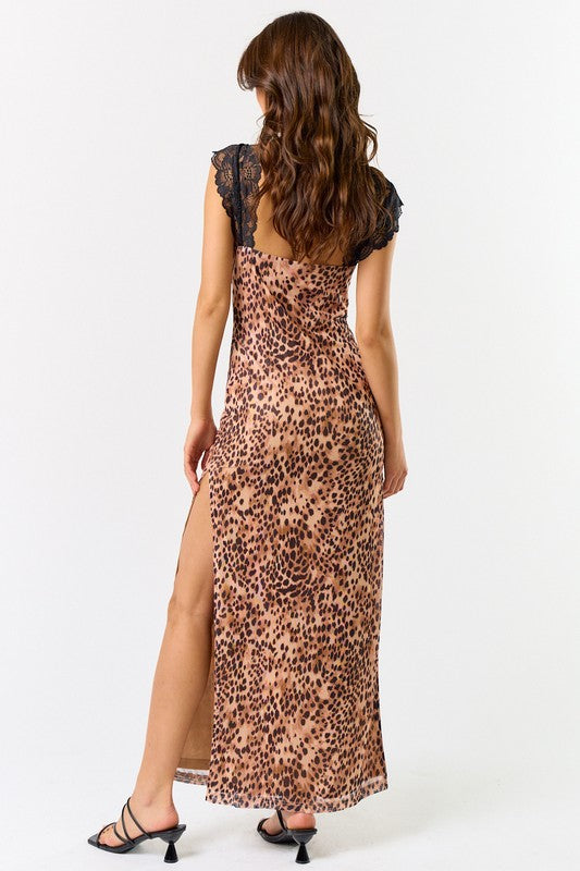 Leopard & Lace Side Slit Maxi Dress - Final Sale