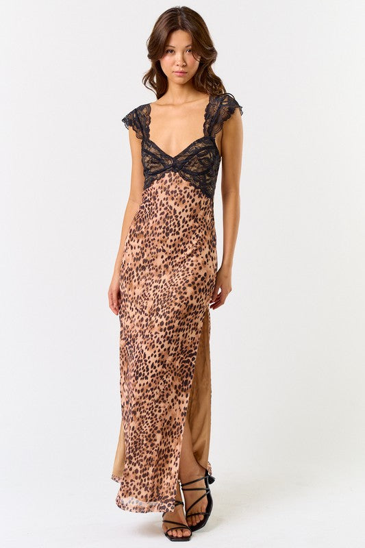 Leopard & Lace Side Slit Maxi Dress - Final Sale