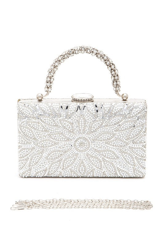 Pearl Studded Rhinestone Handle Flower Box Clutch