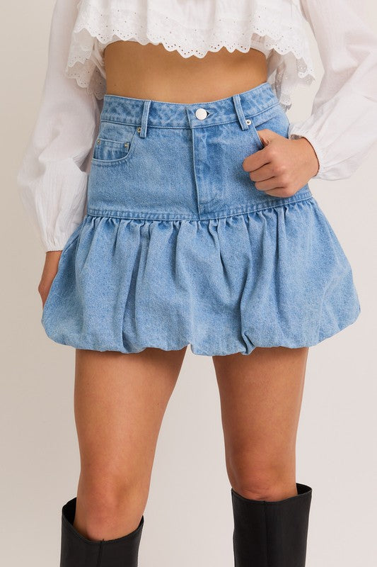 Fomi Denim Puff Hem Bubble Mini Skirt