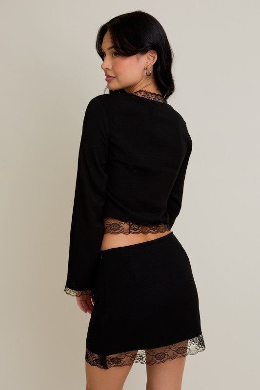 Hunton Lace Trimmed Front Tie Long Sleeve Top