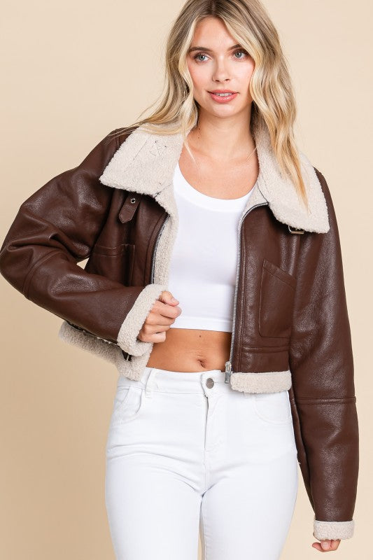 Vegan Leather Sherpa Collared Jacket