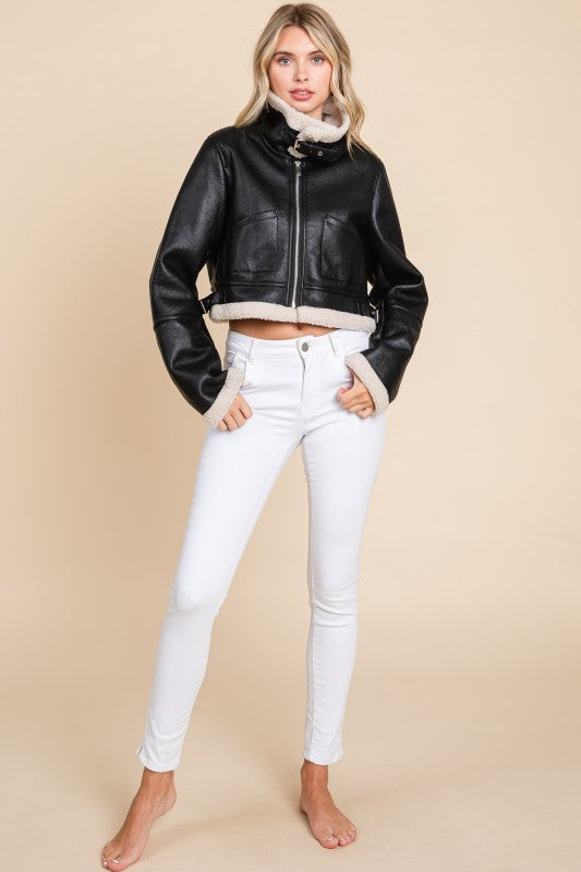 Vegan Leather Sherpa Collared Jacket