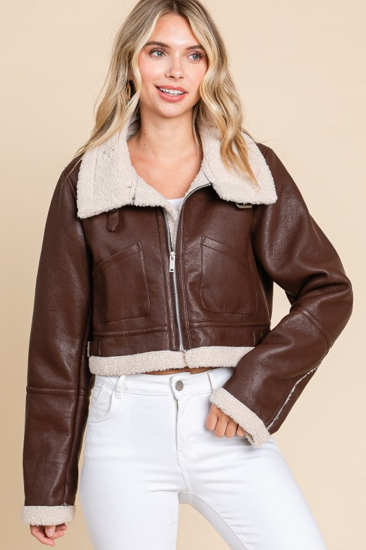 Vegan Leather Sherpa Collared Jacket