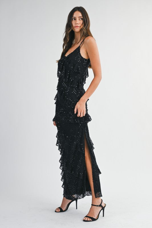 Celestelle Asymmetrical Sequin Ruffle Tiered Maxi Dress