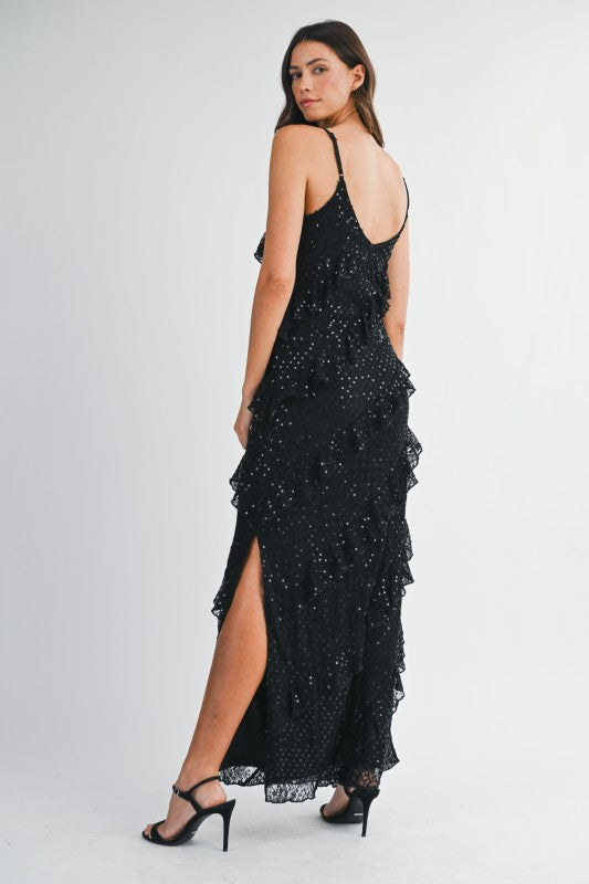Celestelle Asymmetrical Sequin Ruffle Tiered Maxi Dress