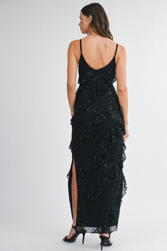 Celestelle Asymmetrical Sequin Ruffle Tiered Maxi Dress