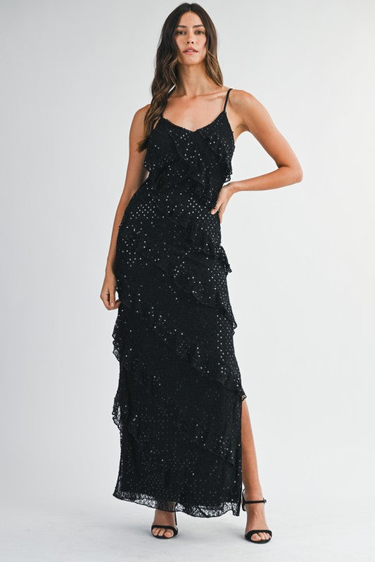 Celestelle Asymmetrical Sequin Ruffle Tiered Maxi Dress
