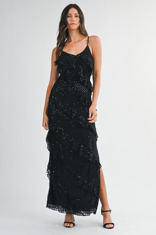 Celestelle Sequin Tiered Maxi Dress Black / S Celestelle Sequin Tiered Maxi Dress Black / S