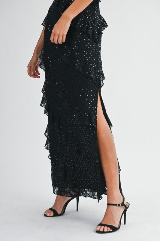 sequin tiered dress Celestelle Sequin Tiered Maxi Dress Black / S