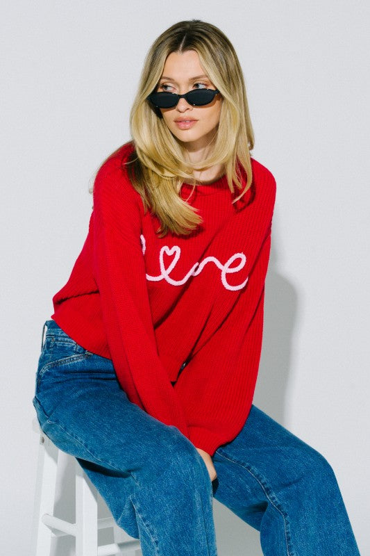 Love Embroidery Balloon Sleeve Sweater