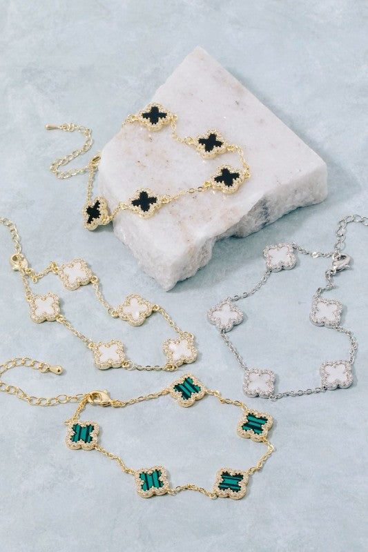 Cubic Zirconia Station Clover Chain Bracelet