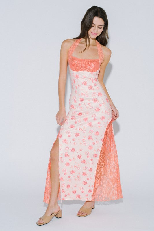 Peach Bellini Halter Maxi Dress