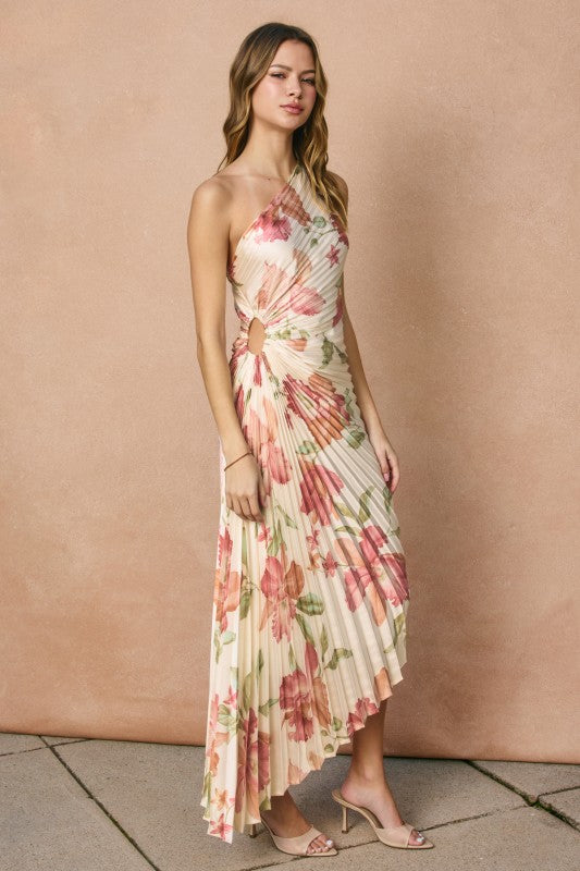Coral Garden Asymmetrical Pleated Maxi Dress