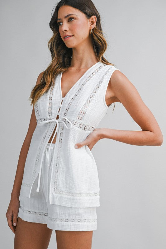 Cotton Lace Villa Tie Front Top