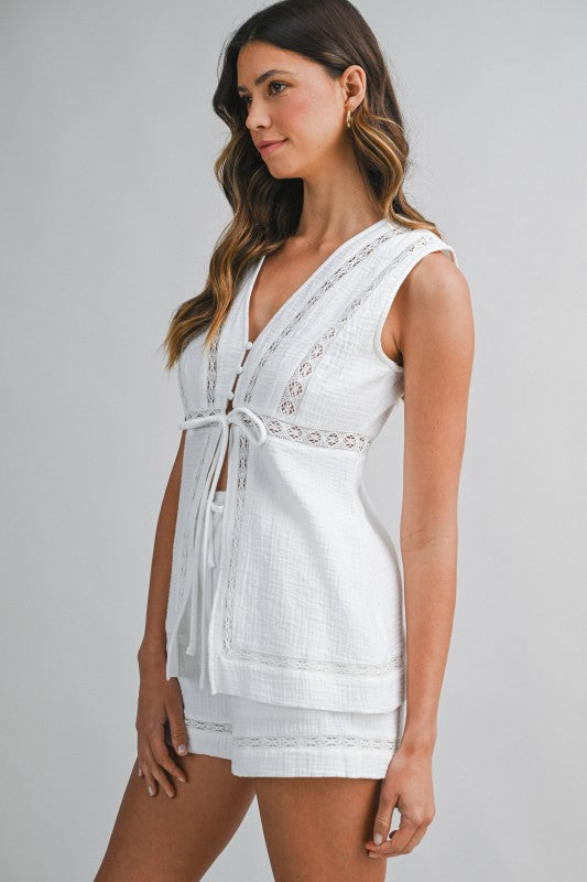 Cotton Lace Villa Tie Front Top