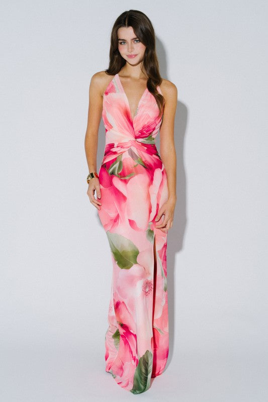 pink halter maxi dress pink halter maxi dress Petaline Floral Deep Plunge Halter Maxi Dress – Lithologie Co