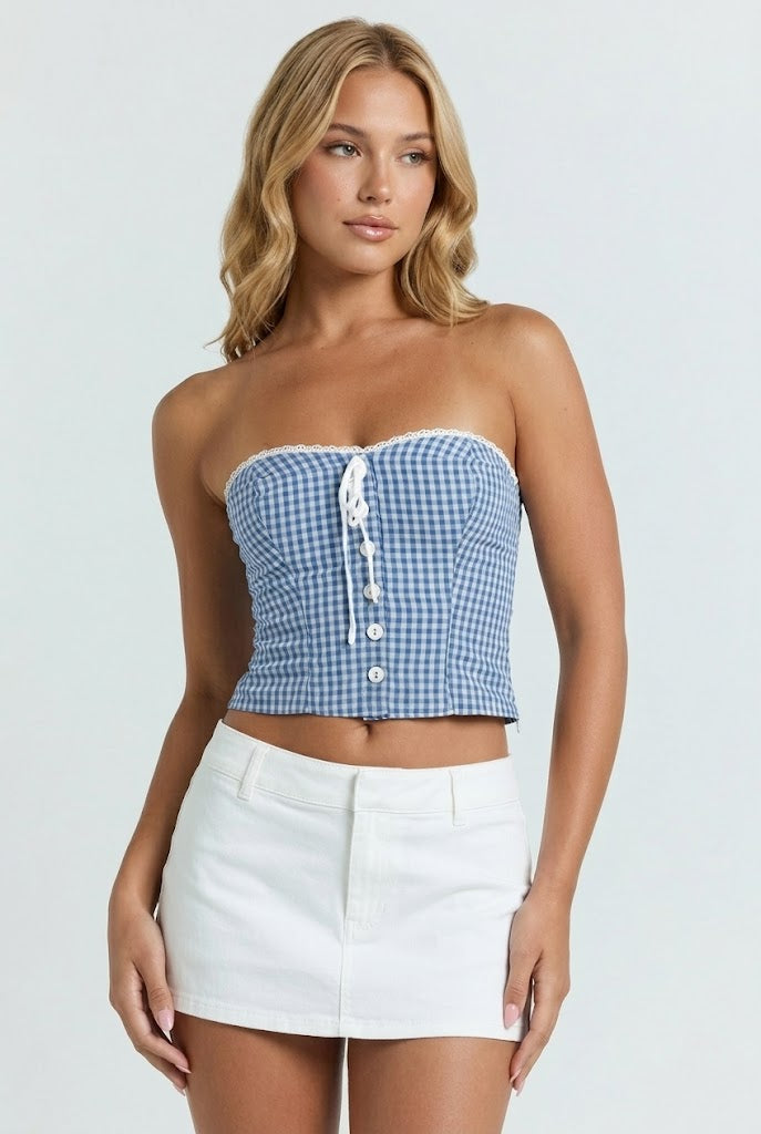 Delmare Gingham Button Front Top