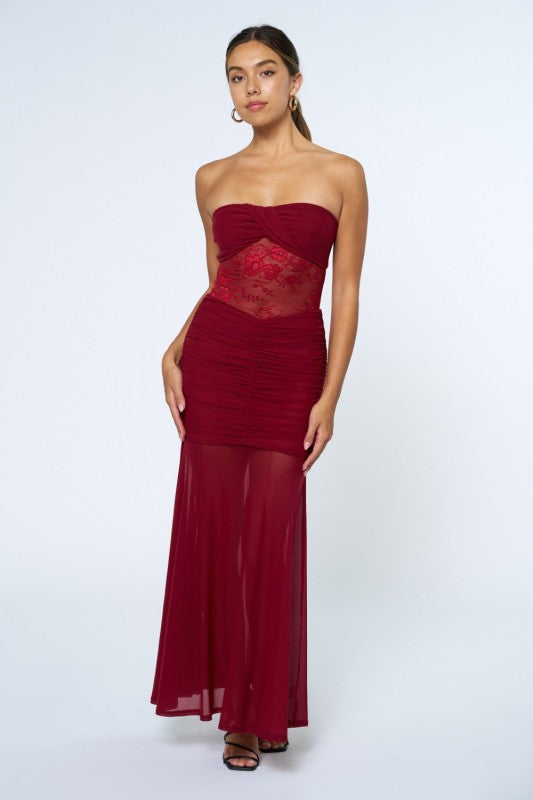 Slay Bells Mesh Cut Out Lace Maxi Dress