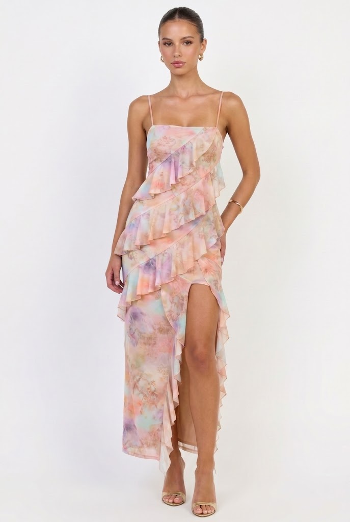 Cherub Party Mesh Ruffle Maxi Dress