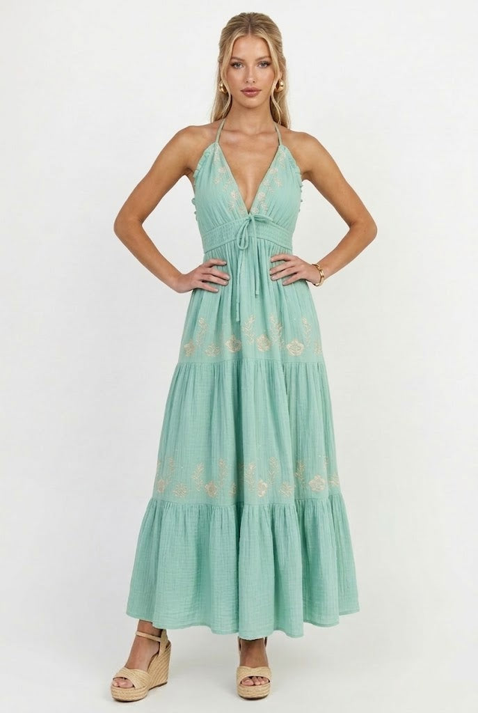 seafoam green cocktail dress Seafoam Green Beaded Strappy Waist Dress