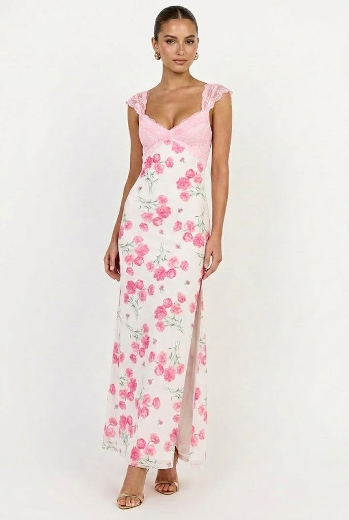Garden Party Lace Floral Maxi Dress Pink / L Garden Party Lace Floral Maxi Dress Pink / L