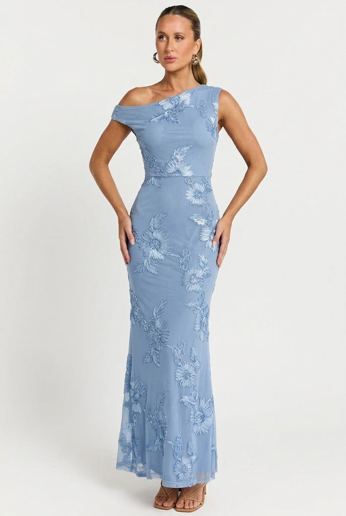 Blue Hydrangea Evening Maxi Dress