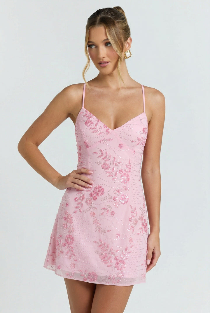 Blush Petal Beaded Mini Dress