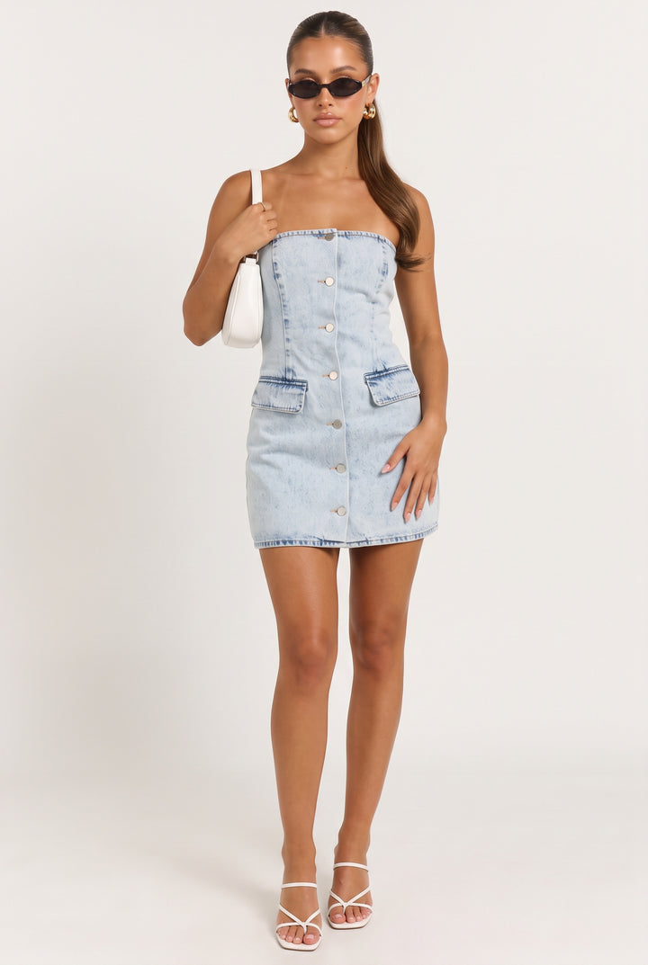 Buttoned Up Strapless Denim Mini Dress