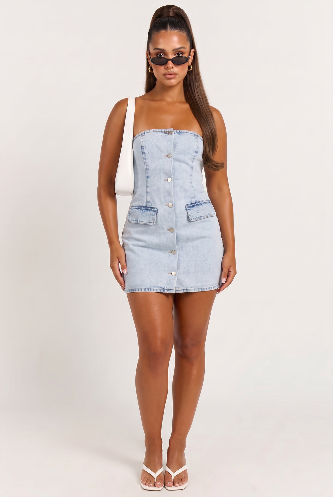 Buttoned Up Strapless Denim Mini Dress