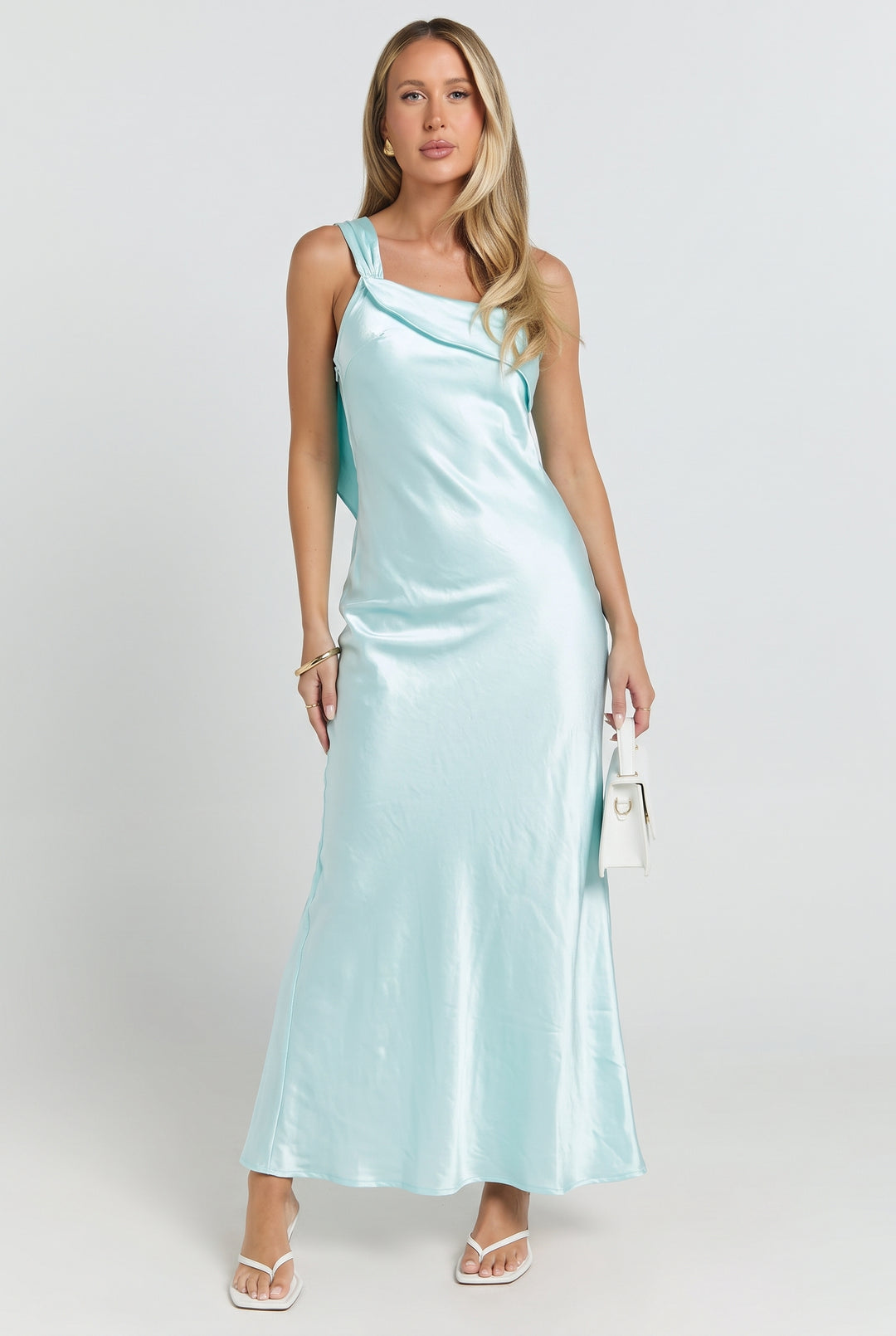 Greek Island Sunsets Satin One Shoulder Maxi Dress Light Blue / M