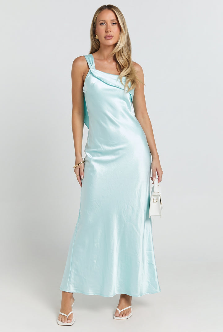 Greek Island Sunsets Satin One Shoulder Maxi Dress
