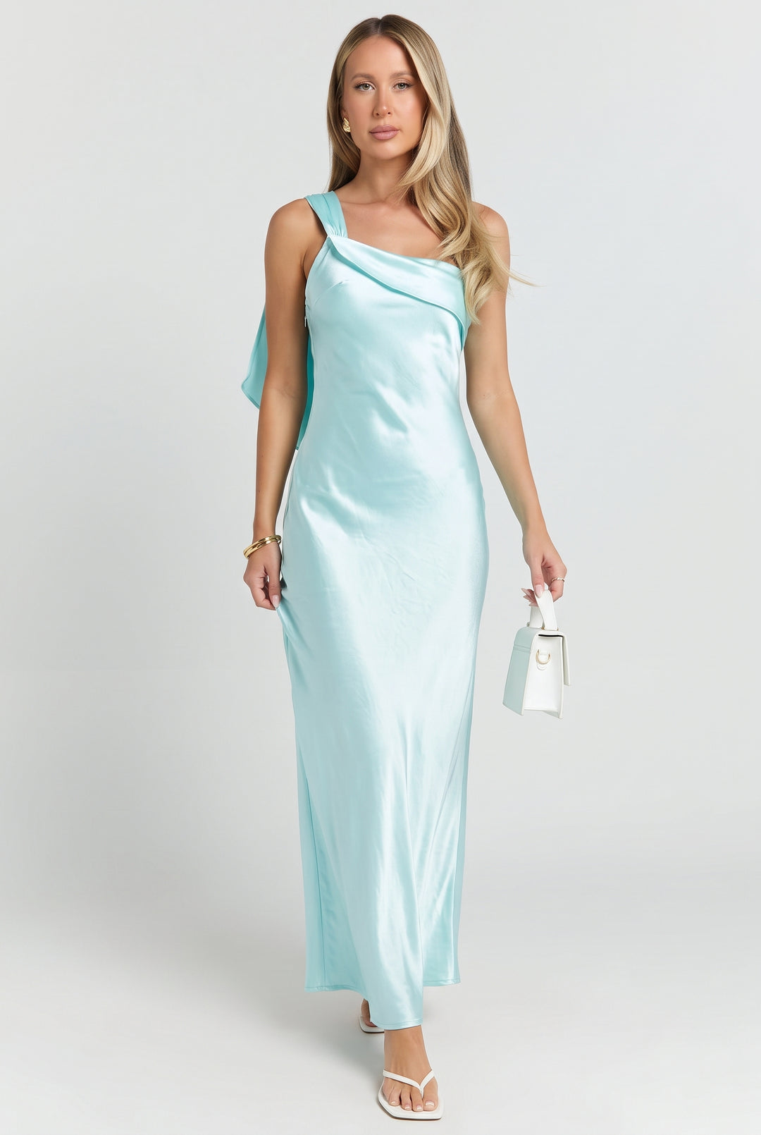 Greek Island Sunsets Satin One Shoulder Maxi Dress Light Blue / M