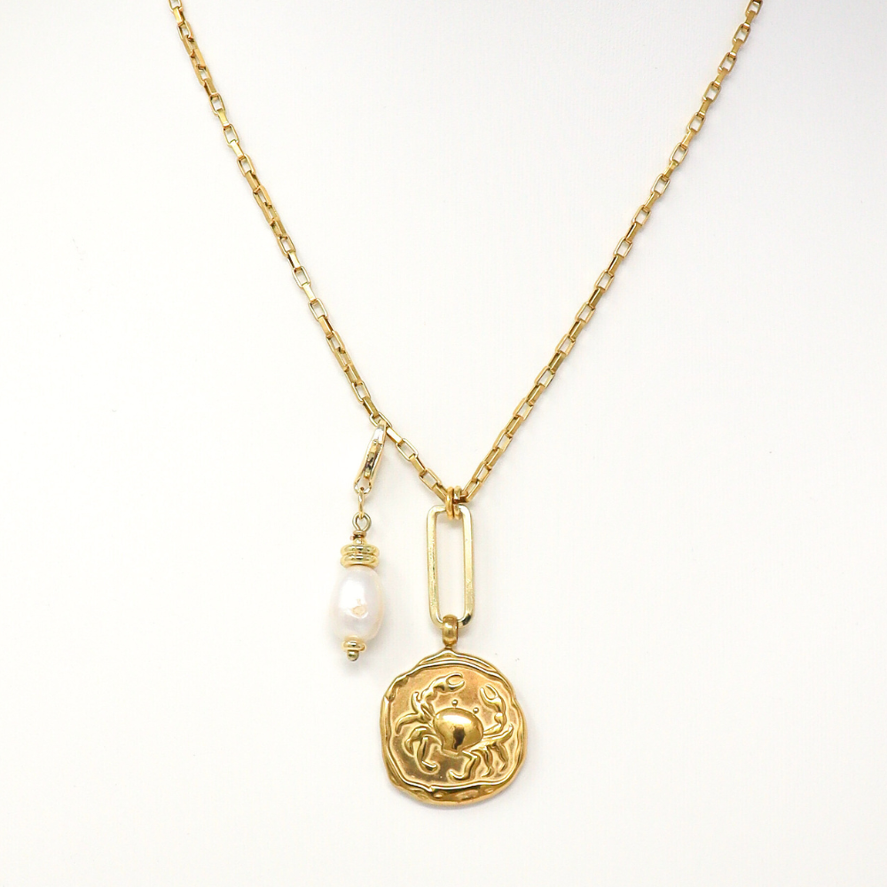 Zephyr 18 Kt. Vintage Zodiac and Pearl Charm Necklace