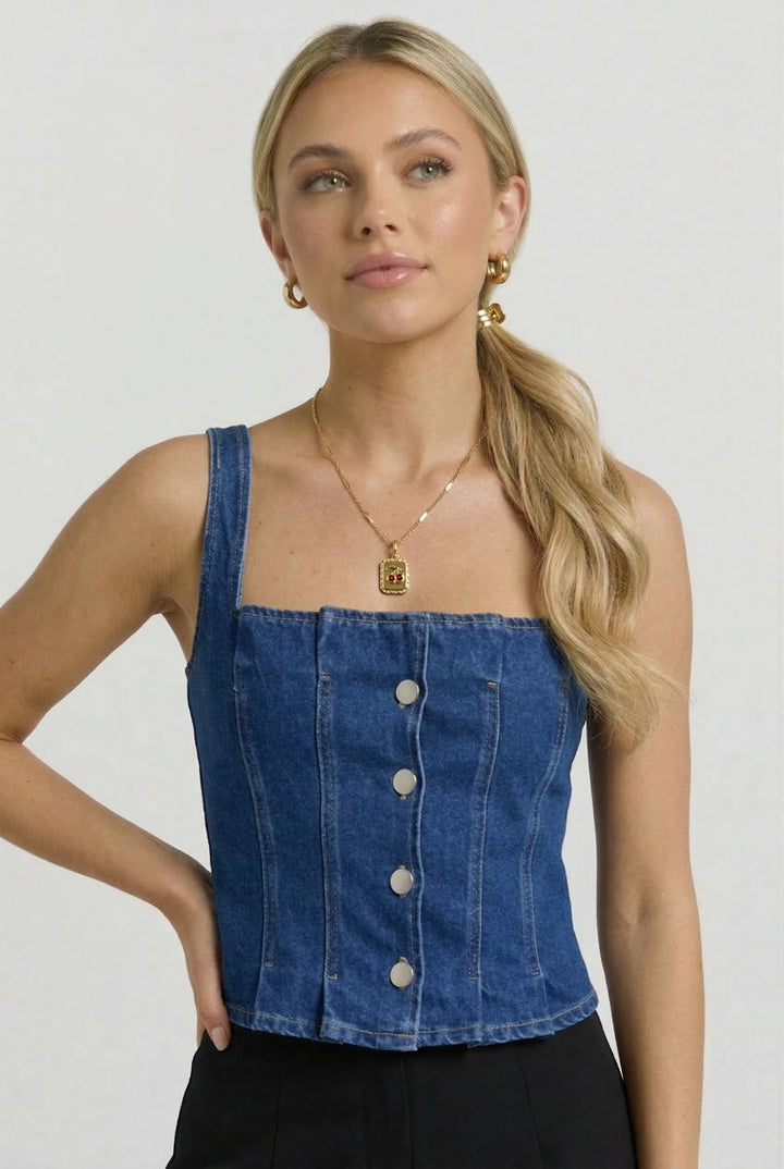 Pleated Denim Corset Top