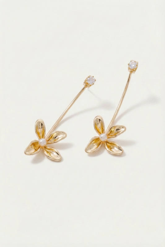 Curved Bar Drop Flower Earrings