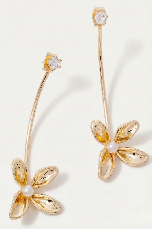 Curved Bar Drop Flower Earrings