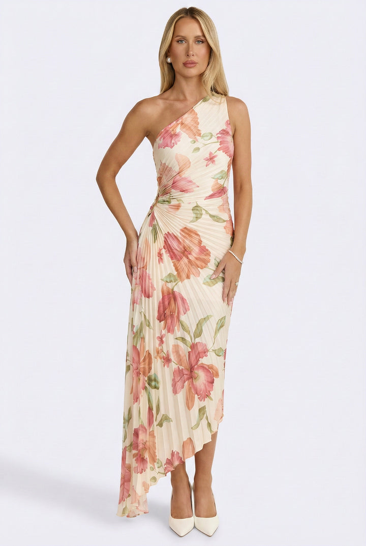 Coral Garden Asymmetrical Pleated Maxi Dress