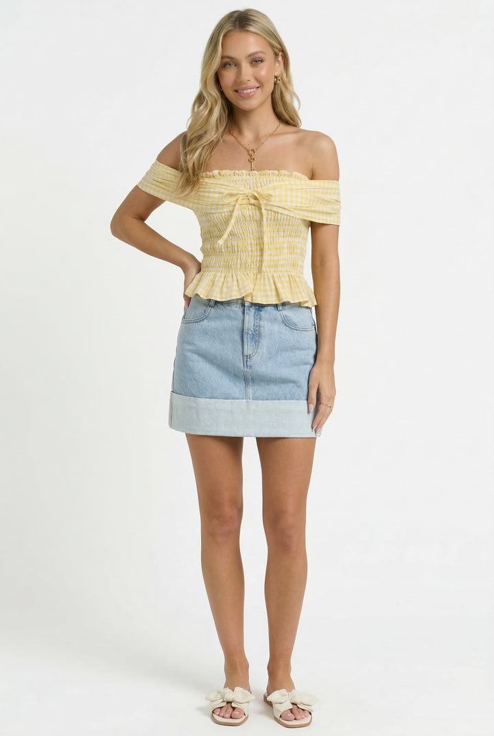 High Waisted Cuffed Denim Mini Skirt