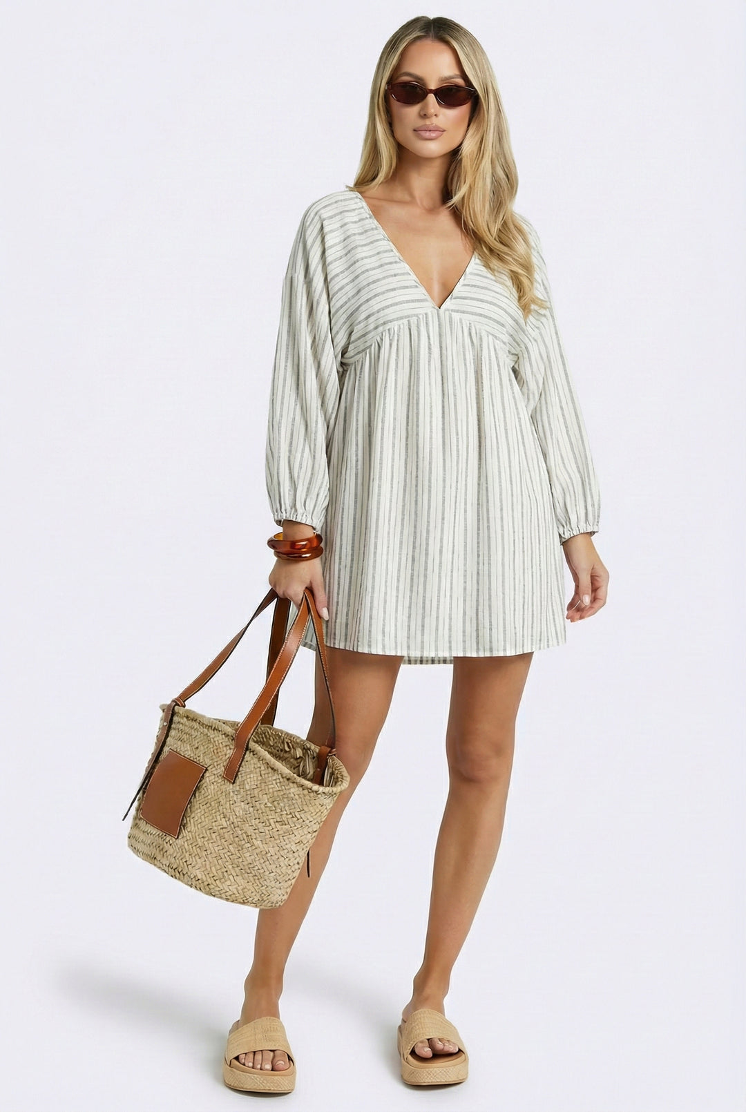 Bon Voyage Striped Cotton Long Sleeve Mini Dress
