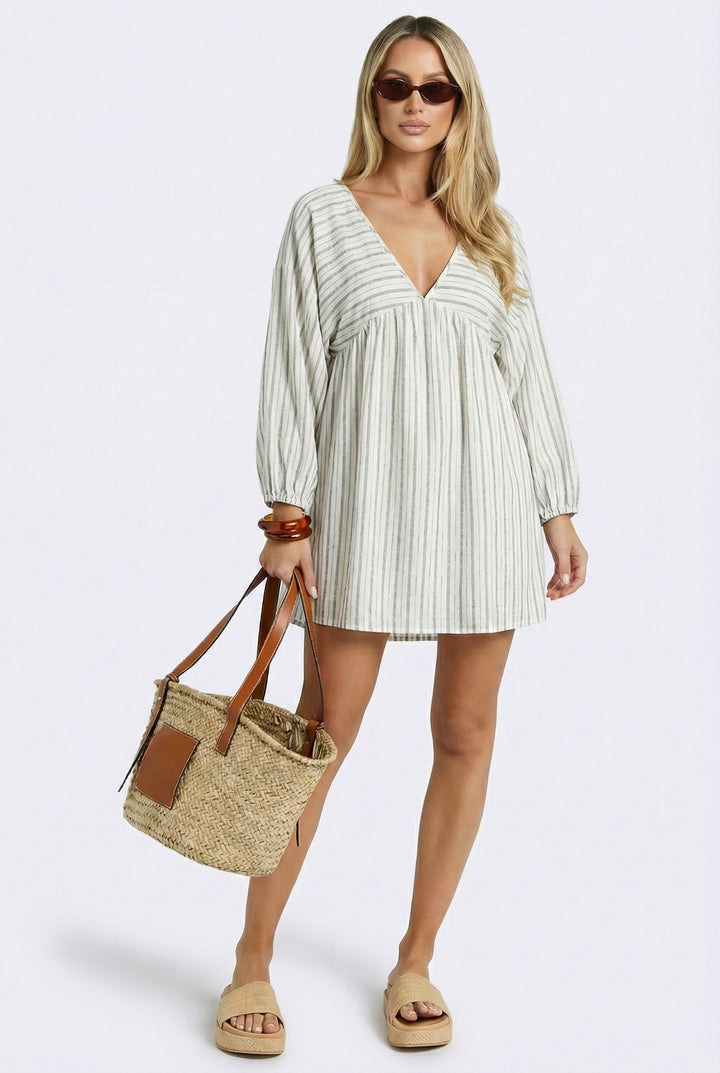 Bon Voyage Striped Cotton Long Sleeve Mini Dress