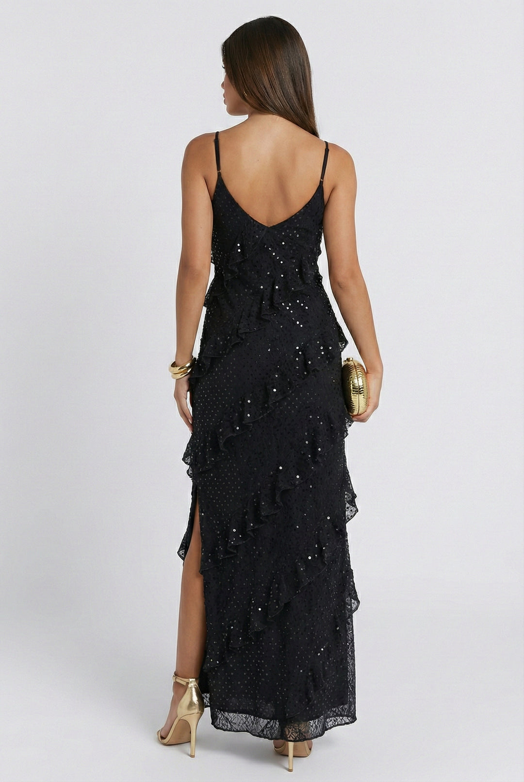 Celestelle Asymmetrical Sequin Ruffle Tiered Maxi Dress