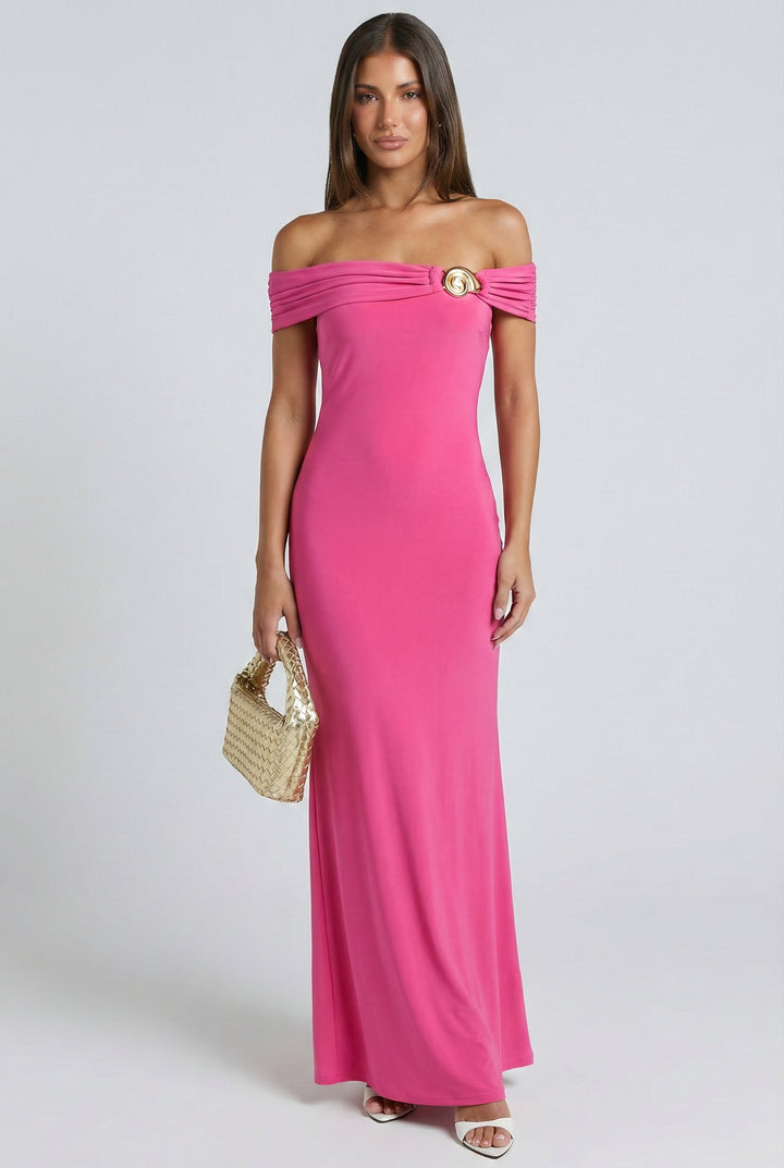 Seashell Radiance Off Shoulder Maxi Dress