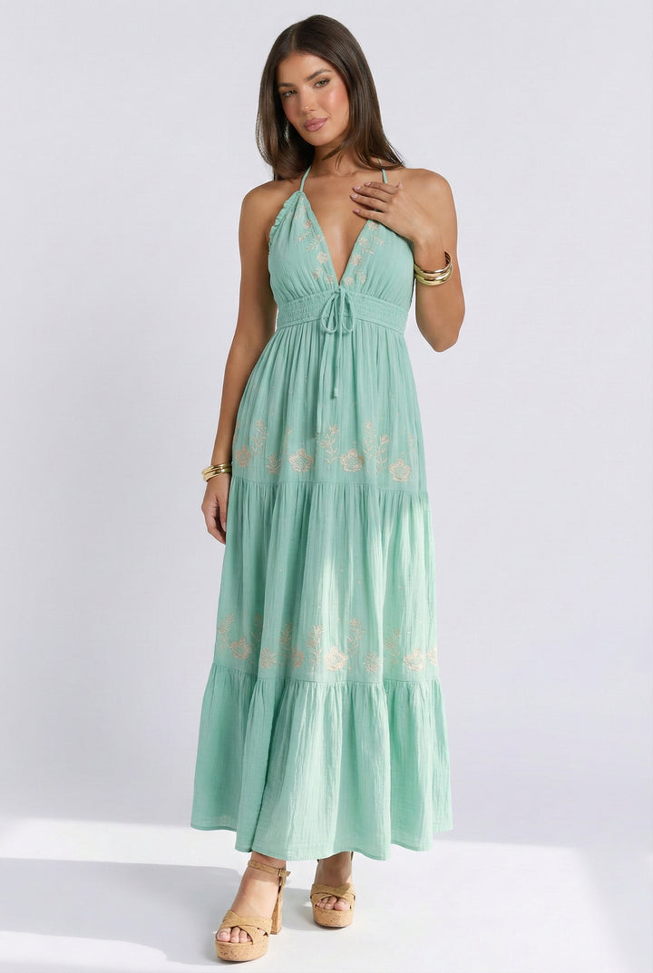 Seagreen Gauze Floral Embroidered Maxi Dress