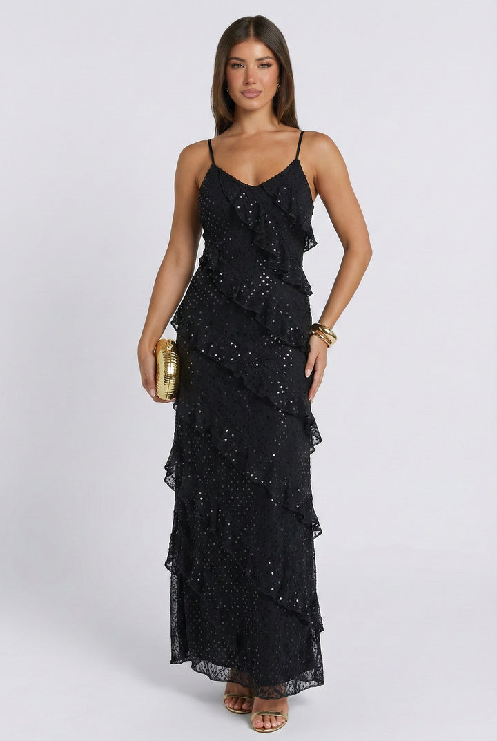 Celestelle Sequin Tiered Maxi Dress Black / S