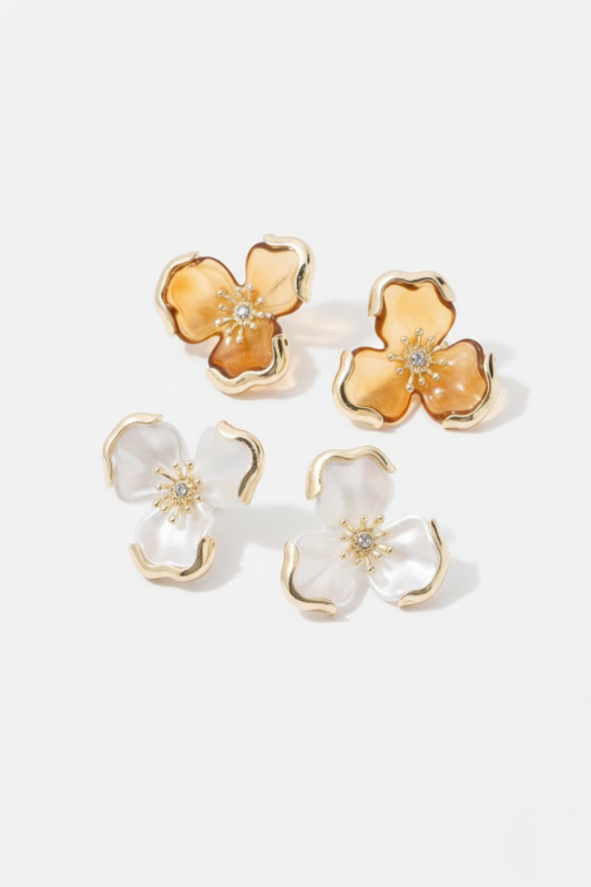 Gold Trim Flower Stud Earrings