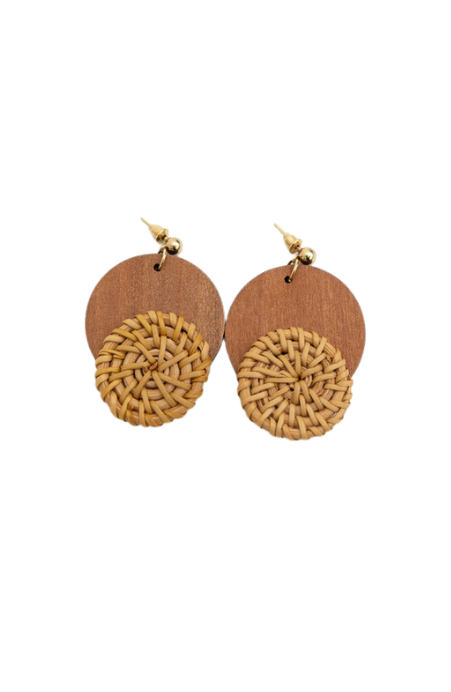 Turks Wooden Accent Round Straw Earrings